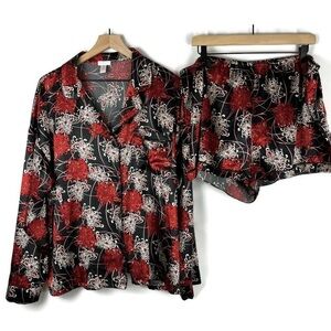 AMBRIELLE Women's 2 Piece Satin Pajama Shirt/Shorts Set Black/Red Plus Size XXL